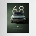 Green 1968 classic car on dark green ground.