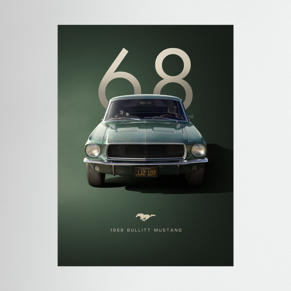 Green 1968 classic car on dark green ground.