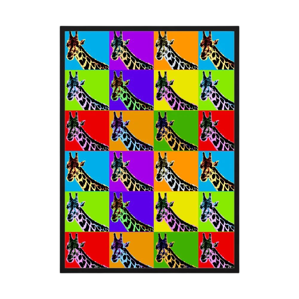 Grid of repeating giraffe portraits set against bright blue, purple, orange, green, yellow and red panels, shown in product view 3.