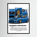 Blue Subaru Impreza illustration with gold wheels and close-up body panels.