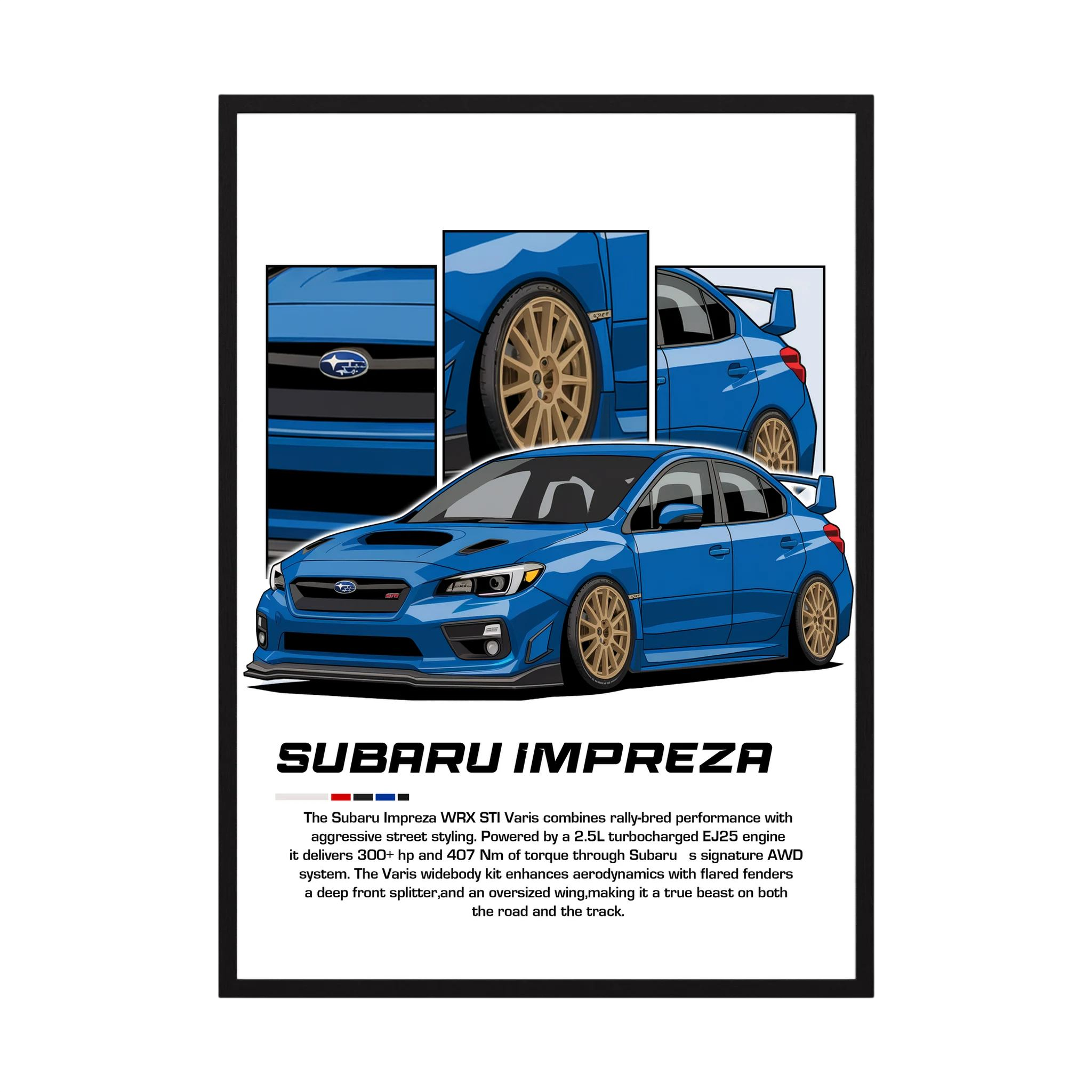 Blue Subaru Impreza illustration with gold wheels and close-up body panels.