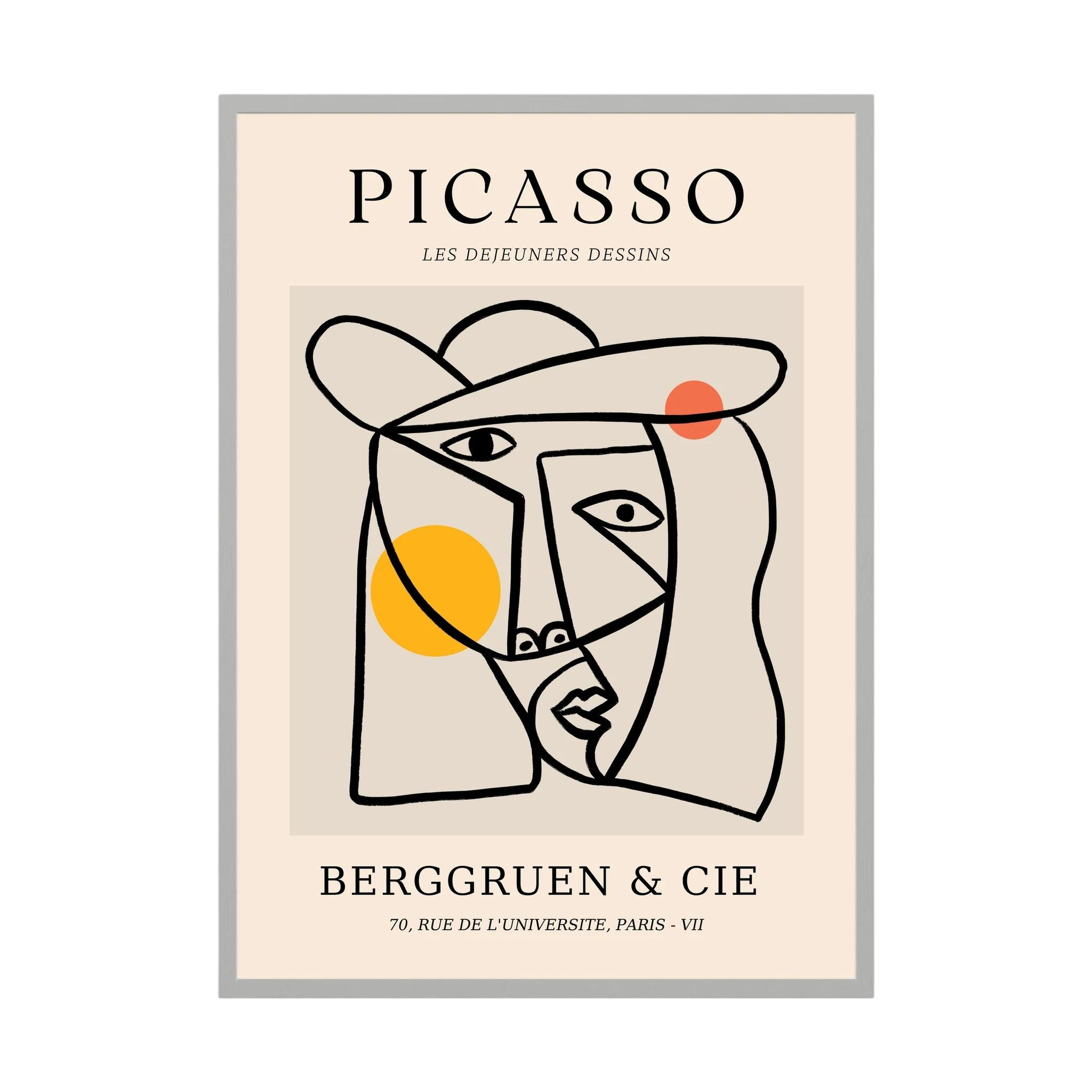 Cubist face drawn in strong black lines with yellow and orange circles on a neutral exhibition-style poster, shown in product view 2.