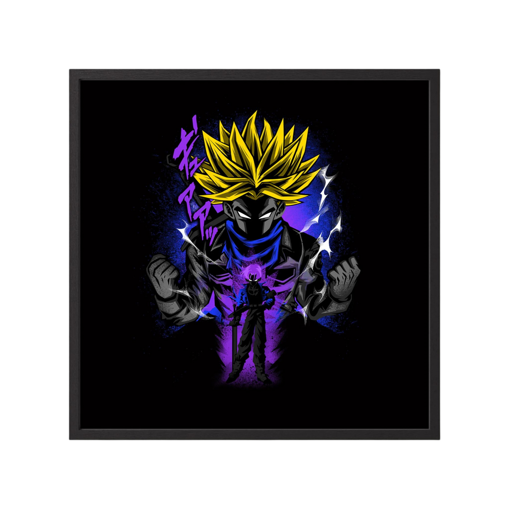 Spiky yellow-haired anime warrior powers up amid purple energy and white lightning on black, shown in product view 2.