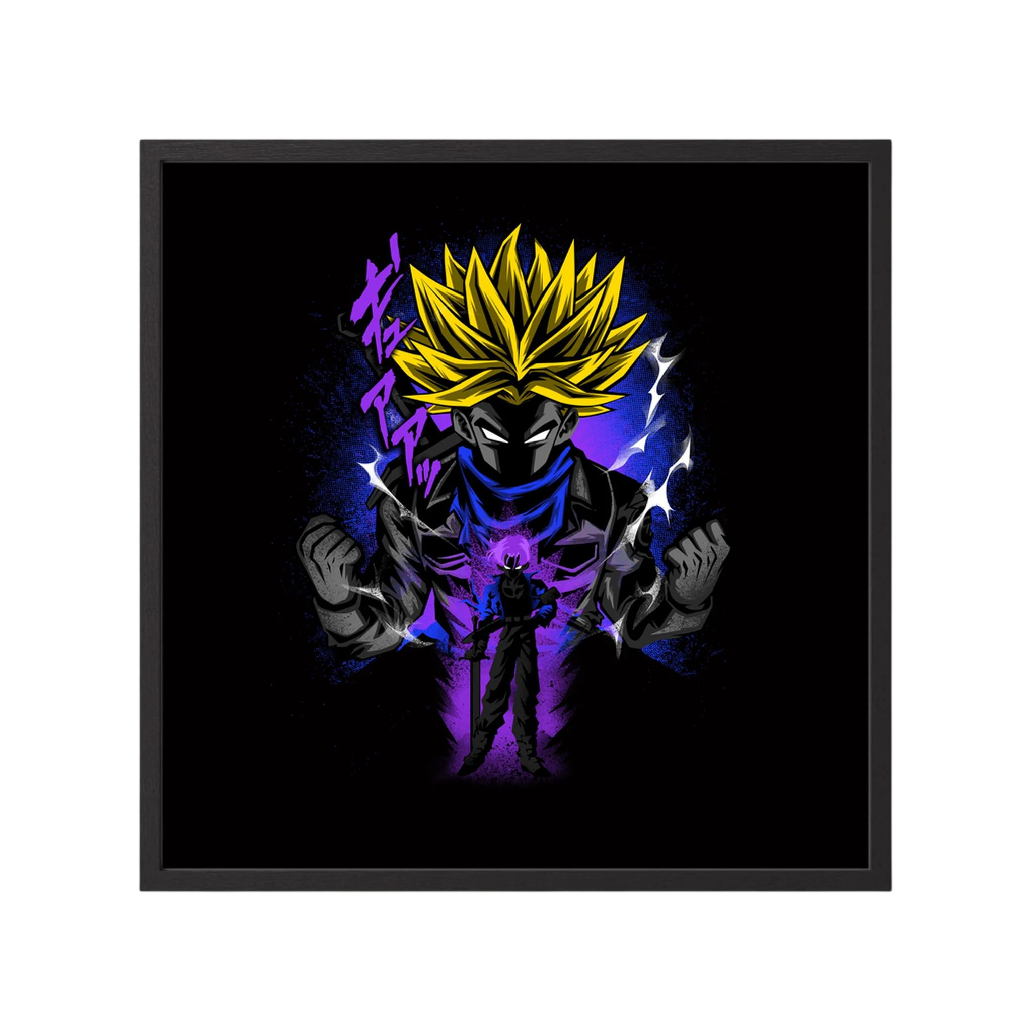 Spiky yellow-haired anime warrior powers up amid purple energy and white lightning on black, shown in product view 2.
