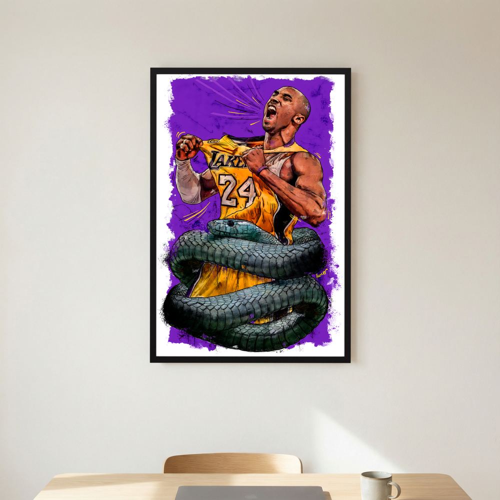 Alternative size view of purple and gold basketball portrait with coiled serpent, shown in a dark oak wooden frame.