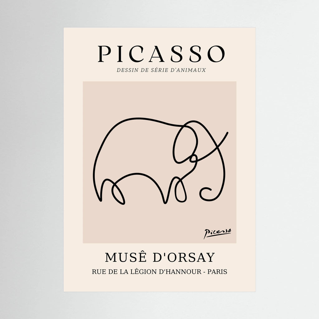 Single flowing black line forms an elephant on a warm beige museum-style poster.