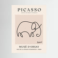 Single flowing black line forms an elephant on a warm beige museum-style poster.