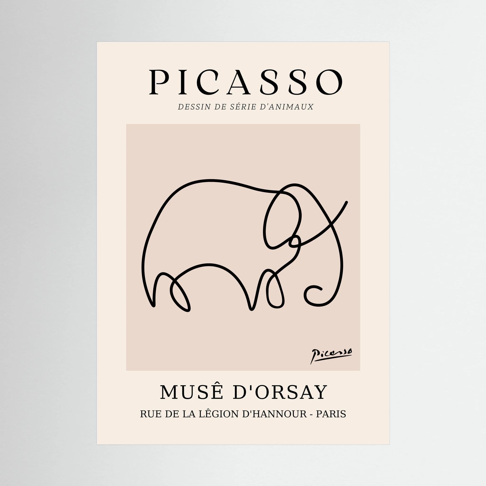Single flowing black line forms an elephant on a warm beige museum-style poster.