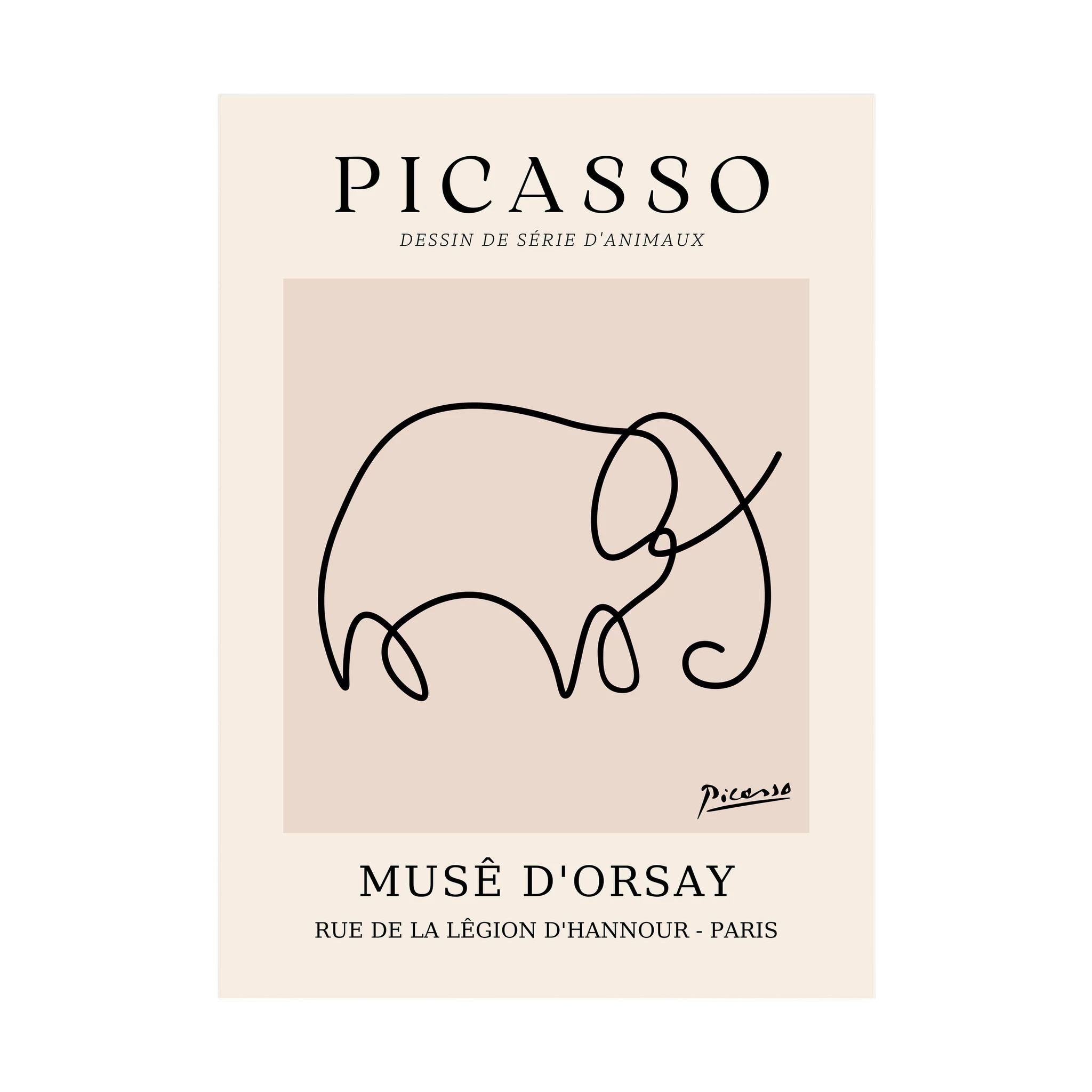 Single flowing black line forms an elephant on a warm beige museum-style poster.