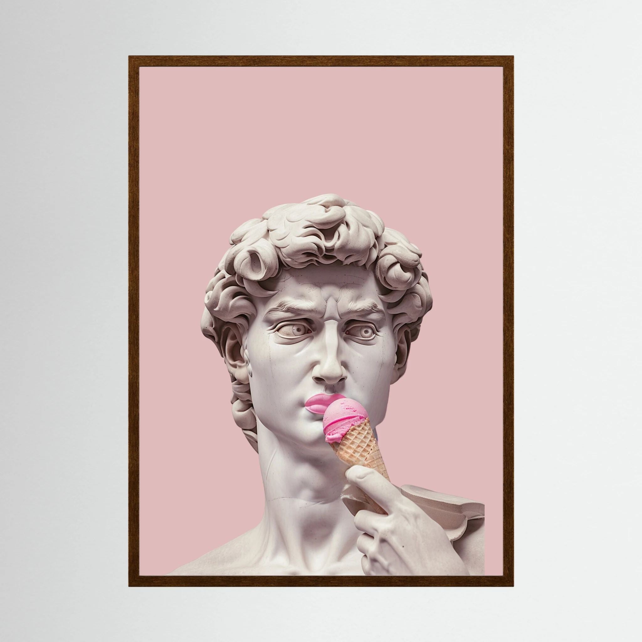 Classical David bust holding a pink ice cream cone against a soft pink background, shown in product view 2.