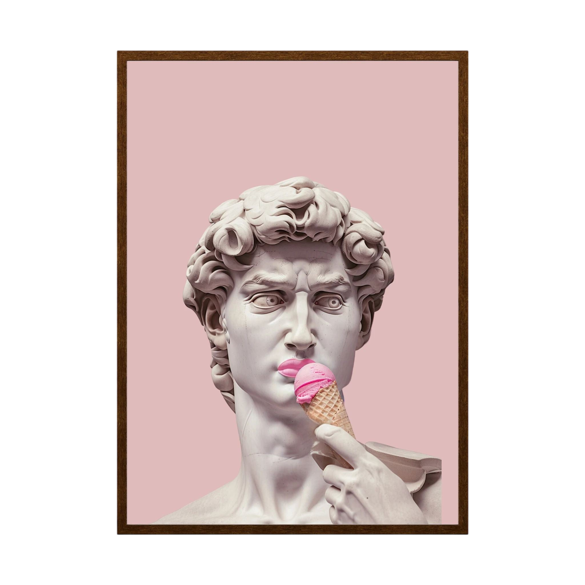 Classical David bust holding a pink ice cream cone against a soft pink background, shown in product view 2.