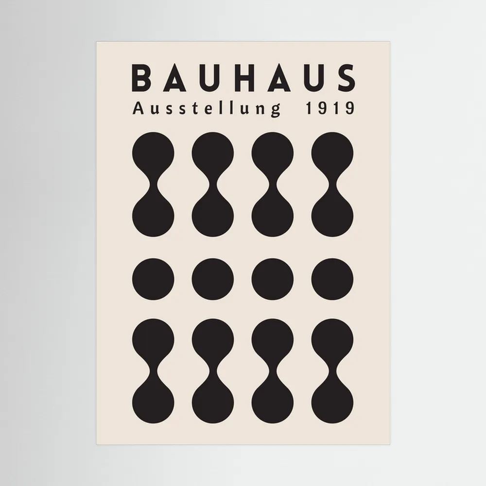 Black Bauhaus poster with repeating circles and hourglass geometric forms on cream.