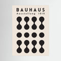 Black Bauhaus poster with repeating circles and hourglass geometric forms on cream.