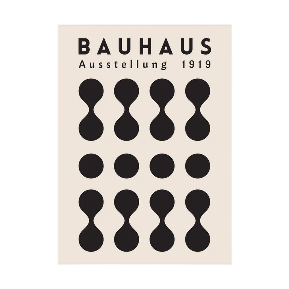 Black Bauhaus poster with repeating circles and hourglass geometric forms on cream.