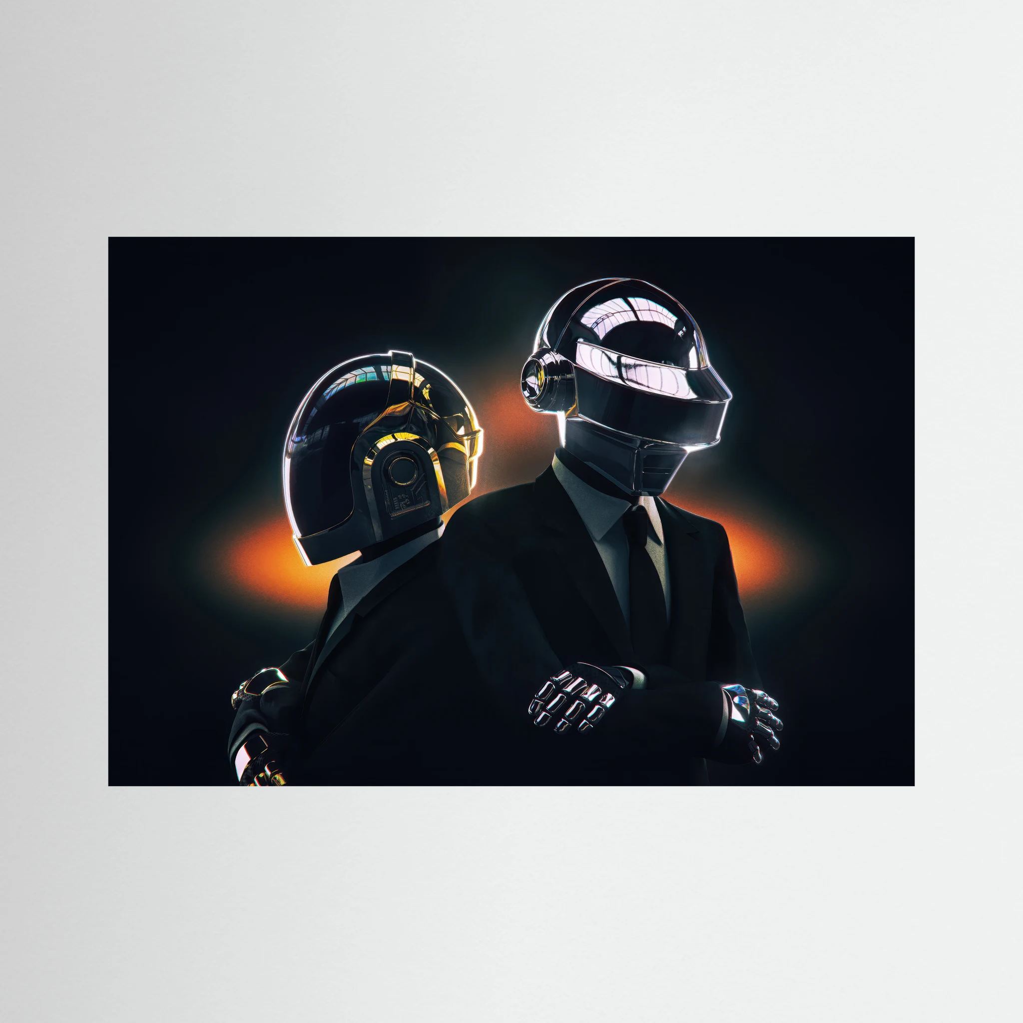 Two helmeted electronic music performers in black suits against a dark background.