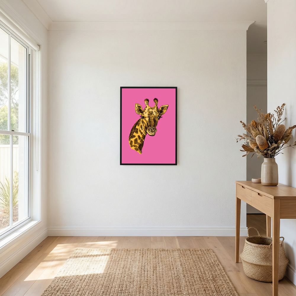 Giraffe in Pink pink giraffe art print, product view 7.