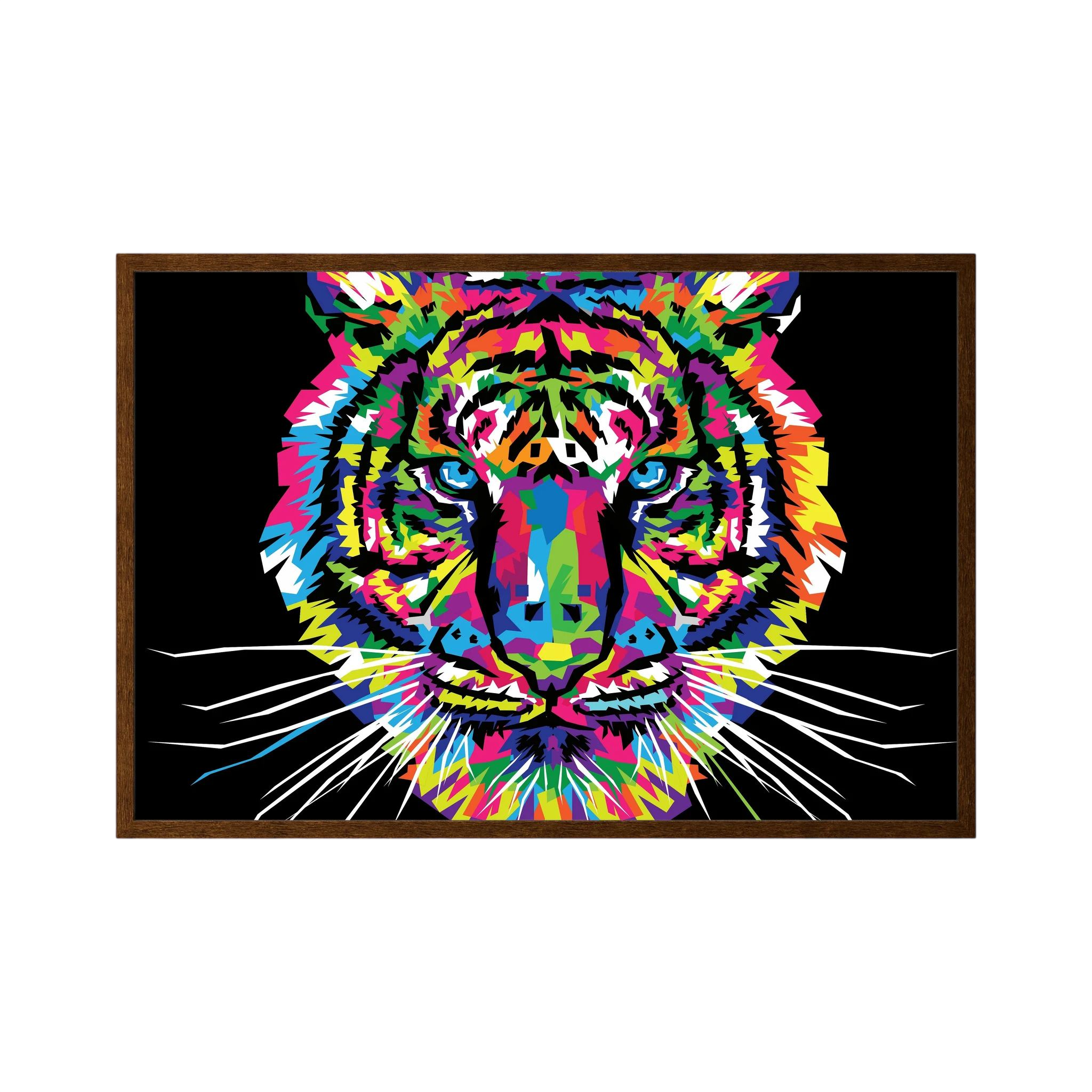 Colourful neon pop art tiger face against a black background.