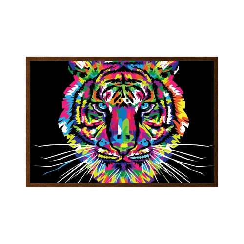 Colourful neon pop art tiger face against a black background.