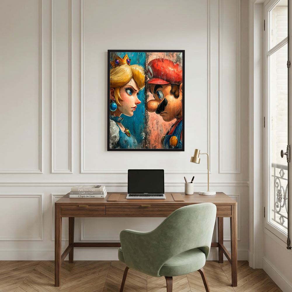 Alternative size view of colourful gaming character face-off artwork, shown in a dark oak wooden frame.