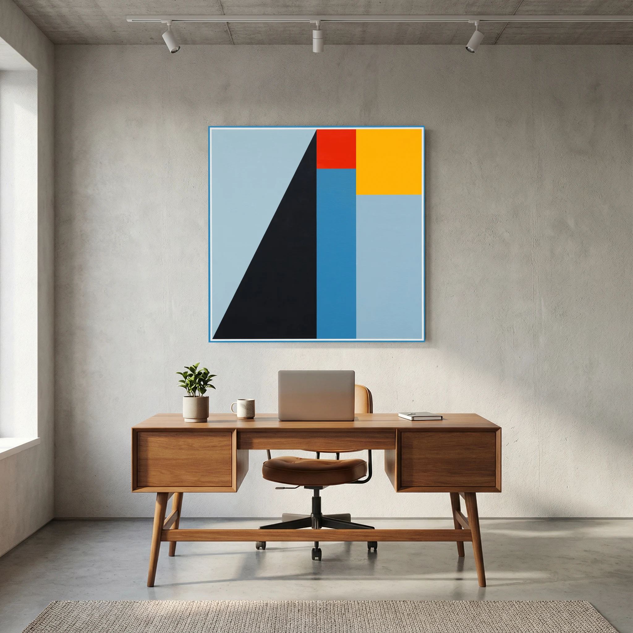 Pale blue, navy, yellow and red geometric planes form a strong ascending abstract composition, shown in product view 5.