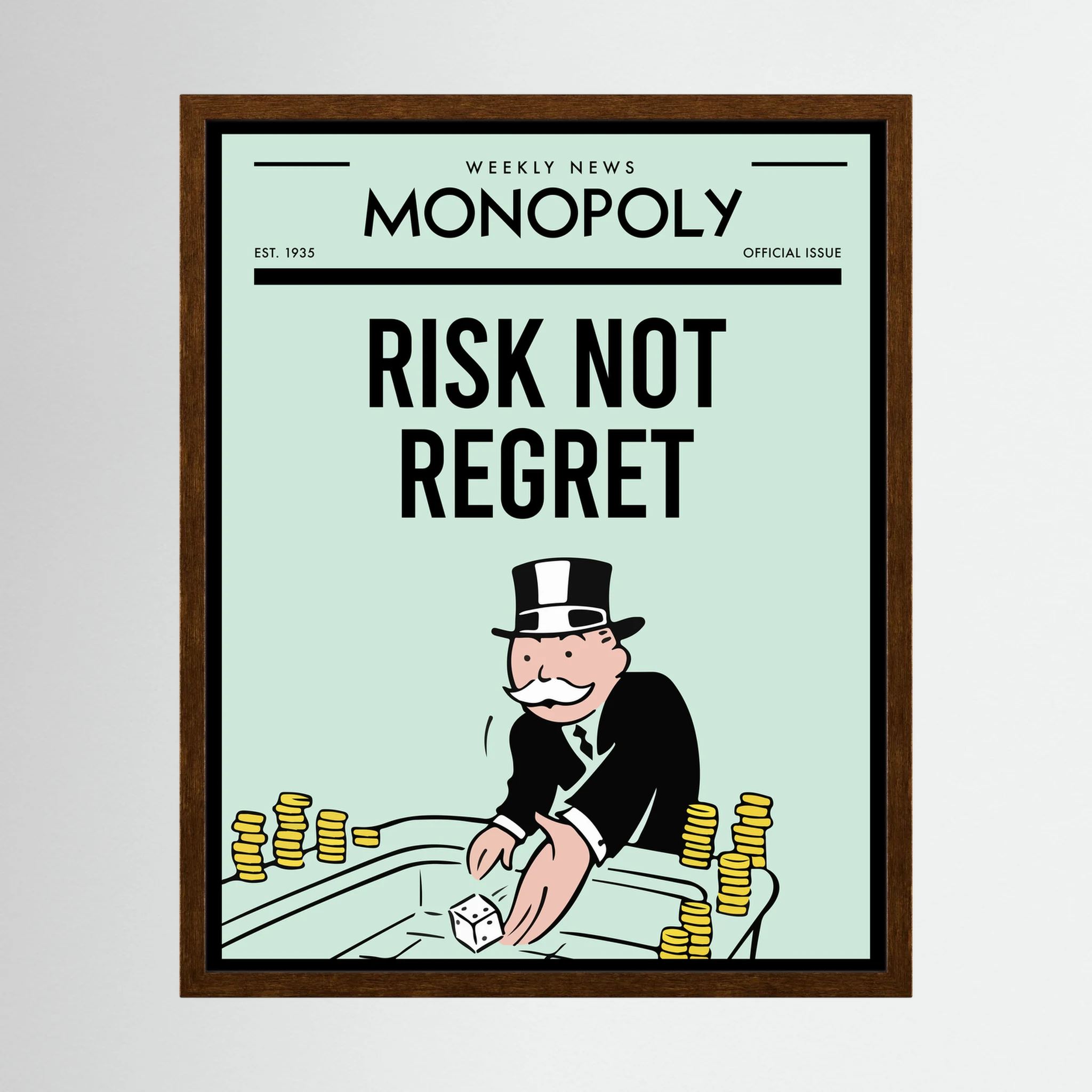 Retro Monopoly-style poster reading risk not regret with a top-hatted figure and dice, shown in product view 4.