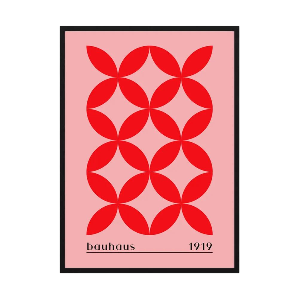 Red petal-shaped Bauhaus pattern on a soft pink background.
