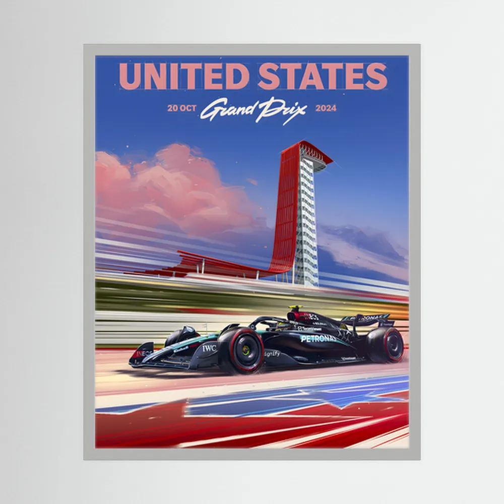 United States Grand Prix racing poster with Formula One car and Austin circuit tower.