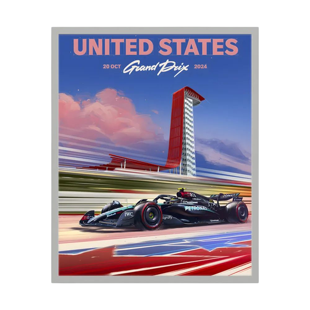 United States Grand Prix racing poster with Formula One car and Austin circuit tower.