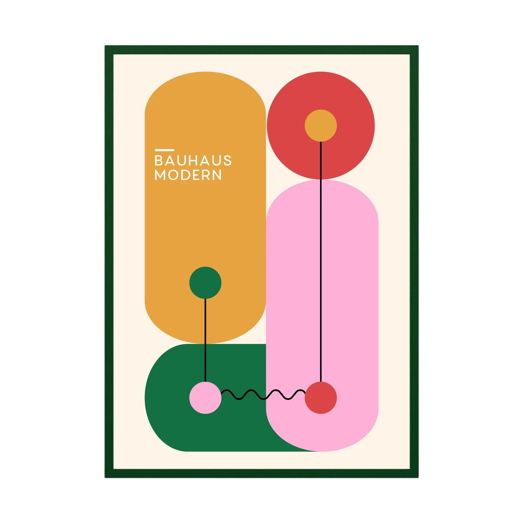 Colourful Bauhaus design with mustard, green and pink rounded geometric shapes.
