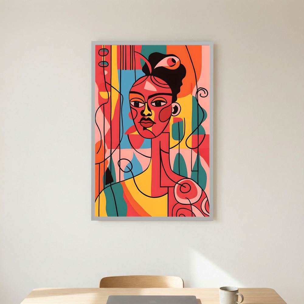 Coral Geometry colourful cubist woman portrait print, product view 8.