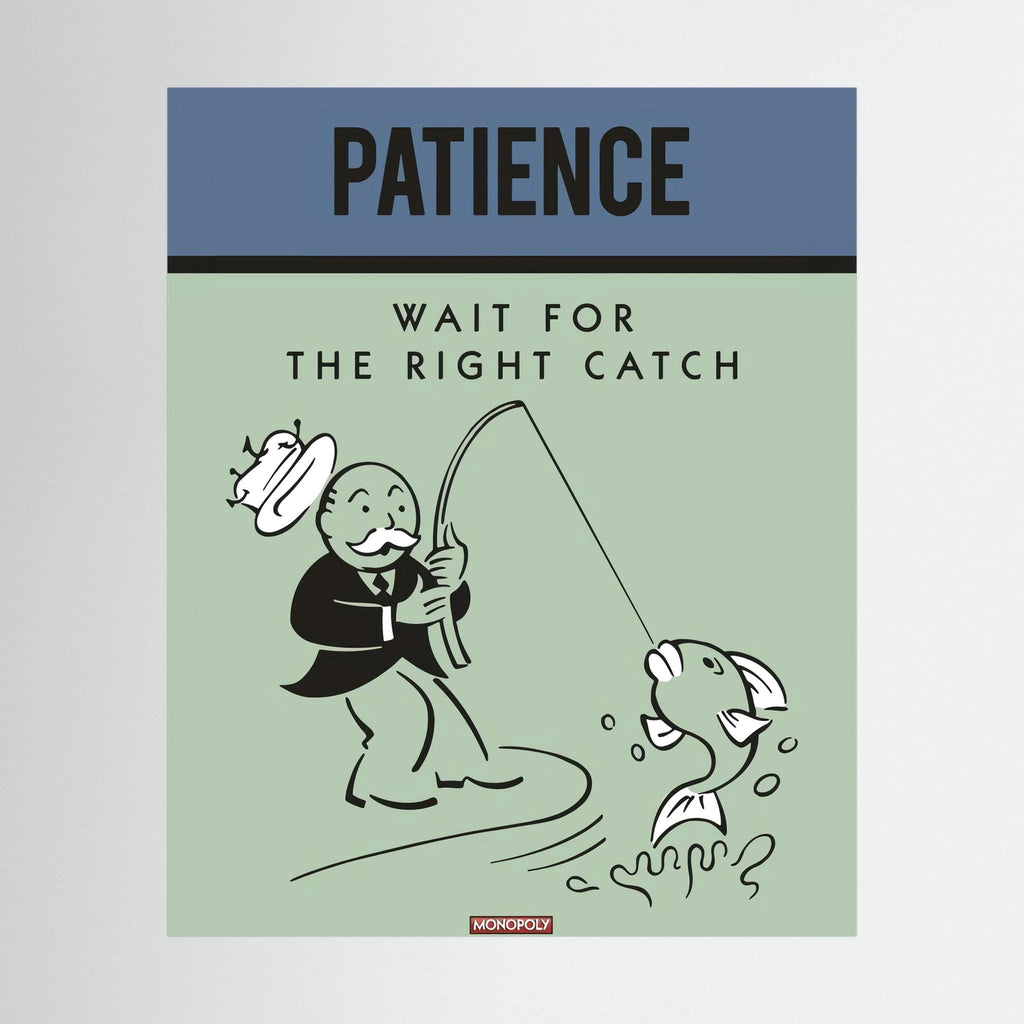 Retro poster reading patience wait for the right catch with a cartoon fisherman and fish, shown in product view 3.