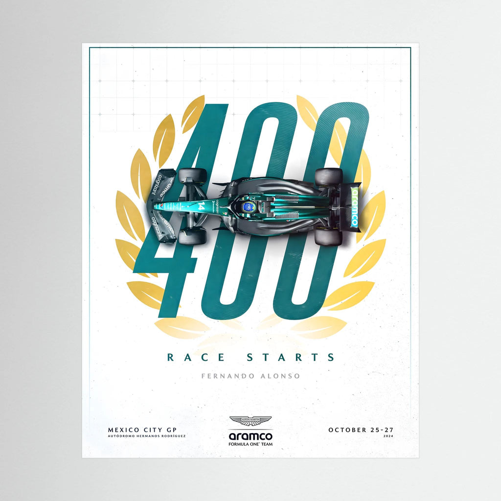Green Formula One car over a large 400 race starts graphic for Fernando Alonso.