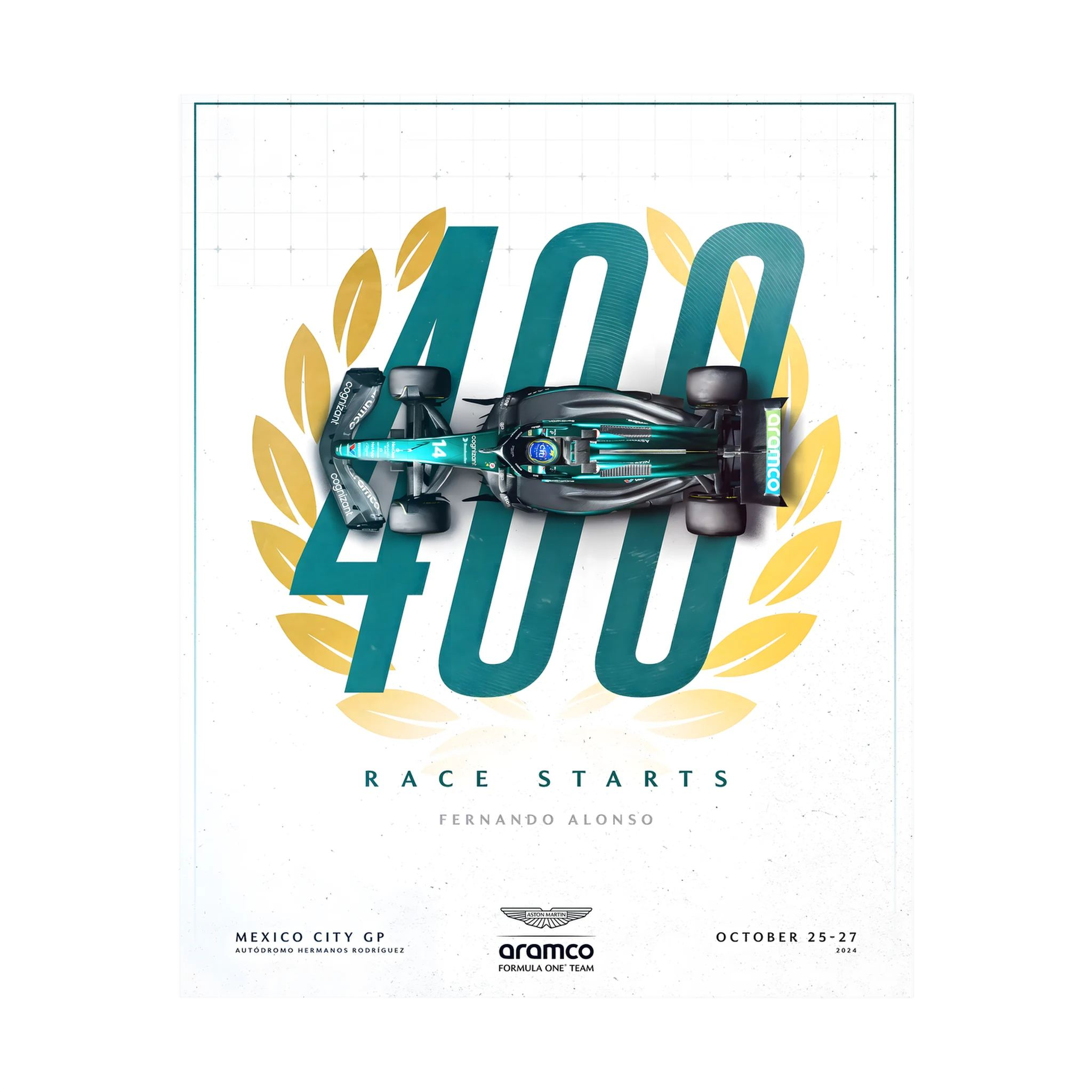 Green Formula One car over a large 400 race starts graphic for Fernando Alonso.