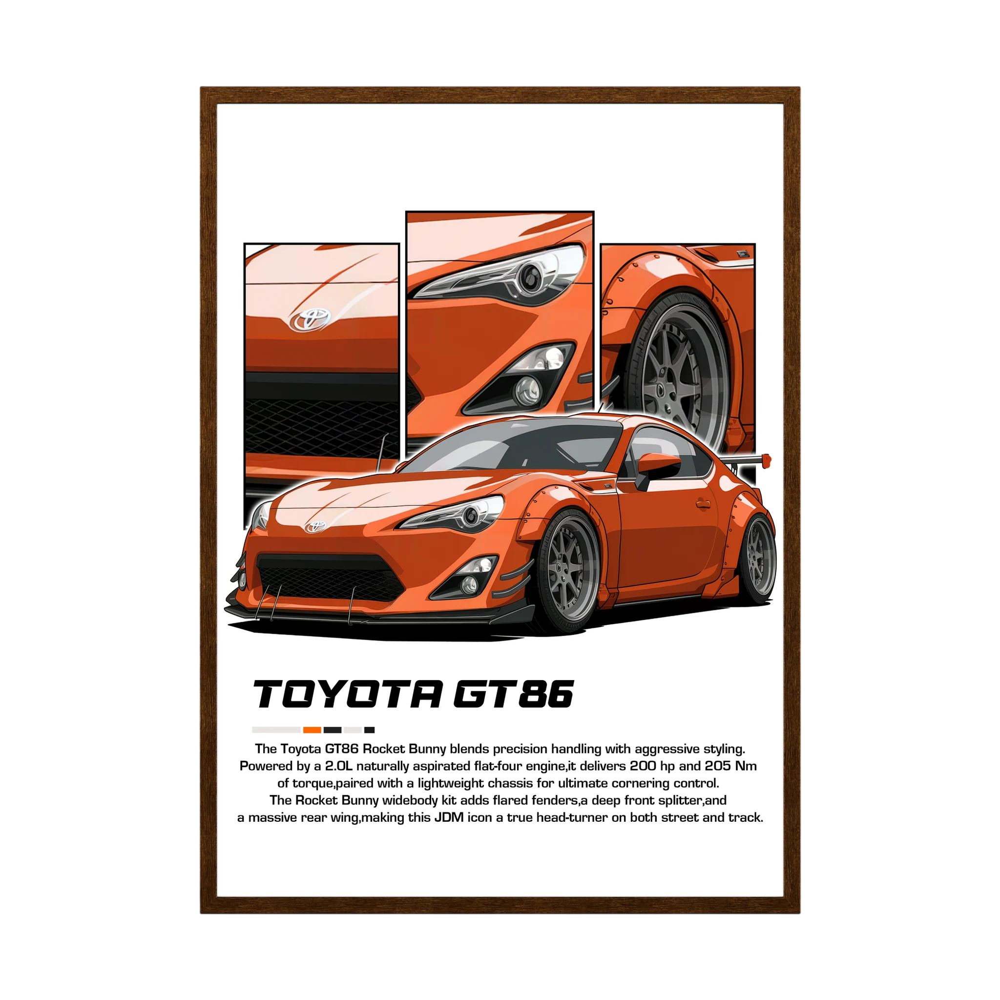 Orange Toyota GT86 illustration with close-up headlight, wheel and bodywork panels.