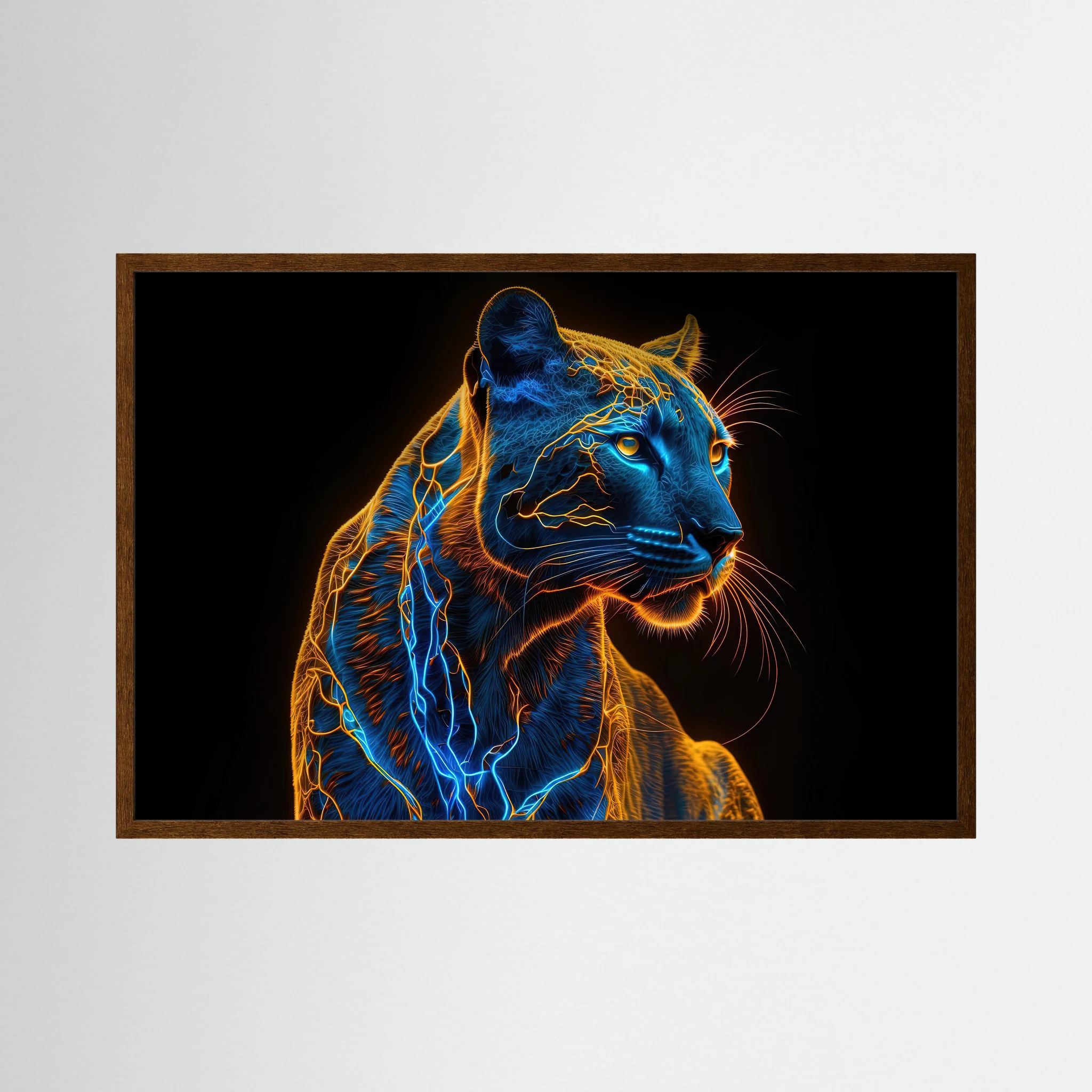 Leopard portrait outlined in electric blue and fiery orange light against a deep black background, shown in product view 2.