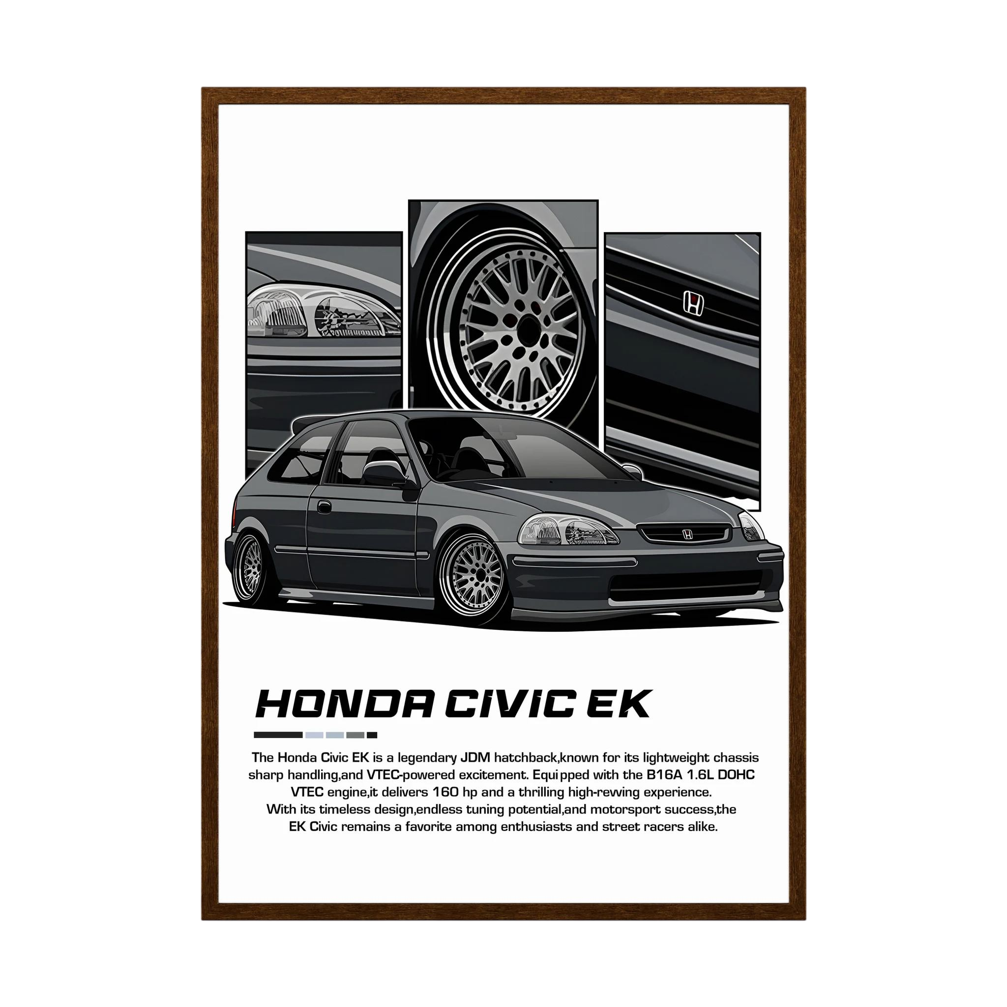 Grey Honda Civic EK illustration with close-up panels of headlights, wheel and grille.