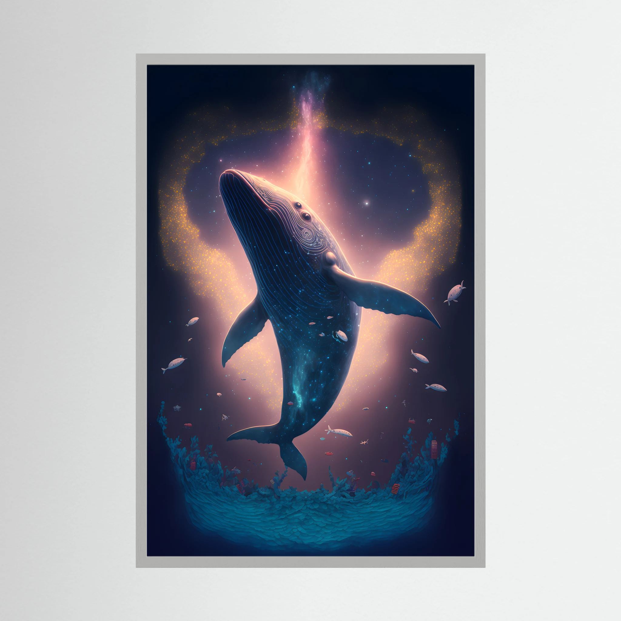 Blue whale rising through a glowing underwater scene with small fish.
