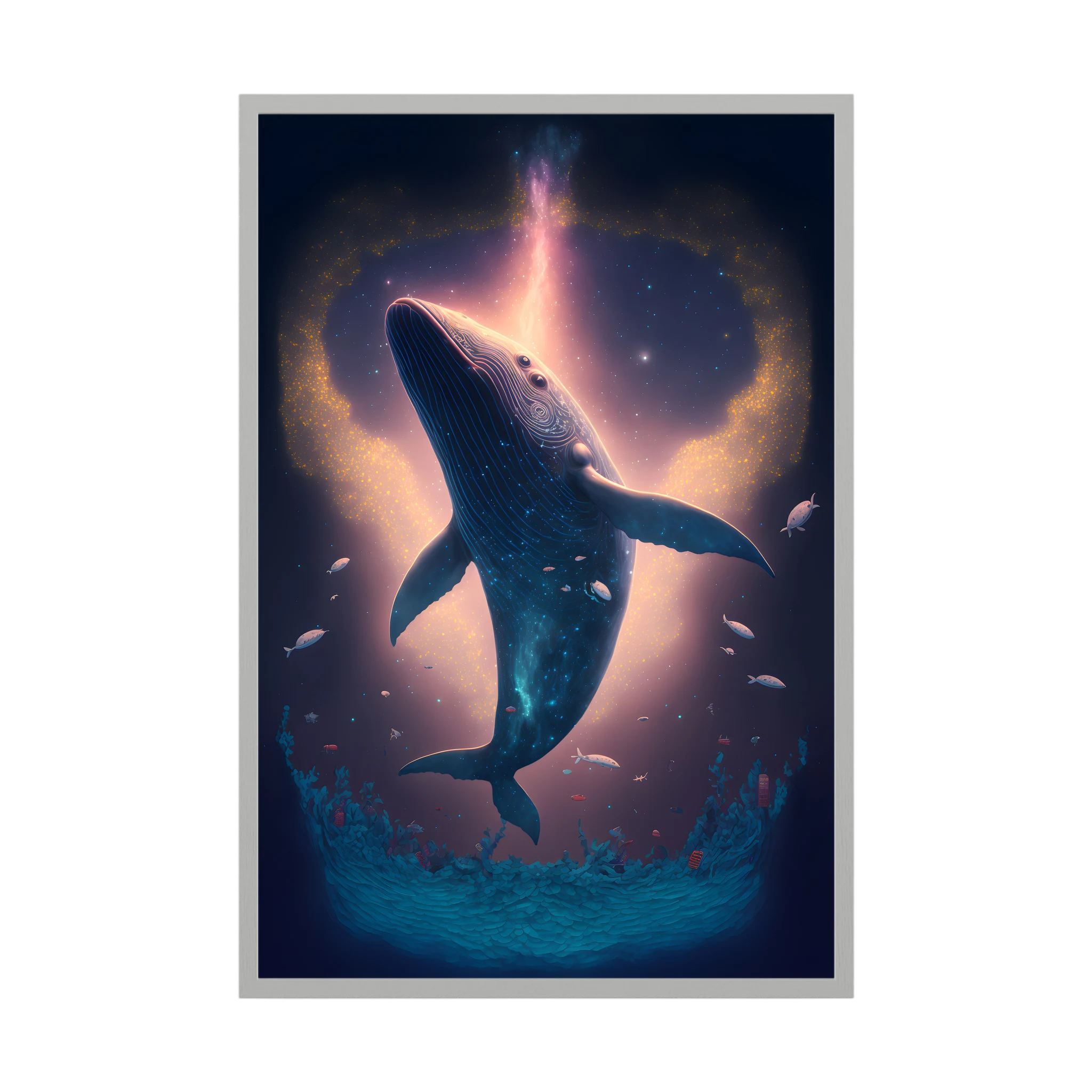 Blue whale rising through a glowing underwater scene with small fish.