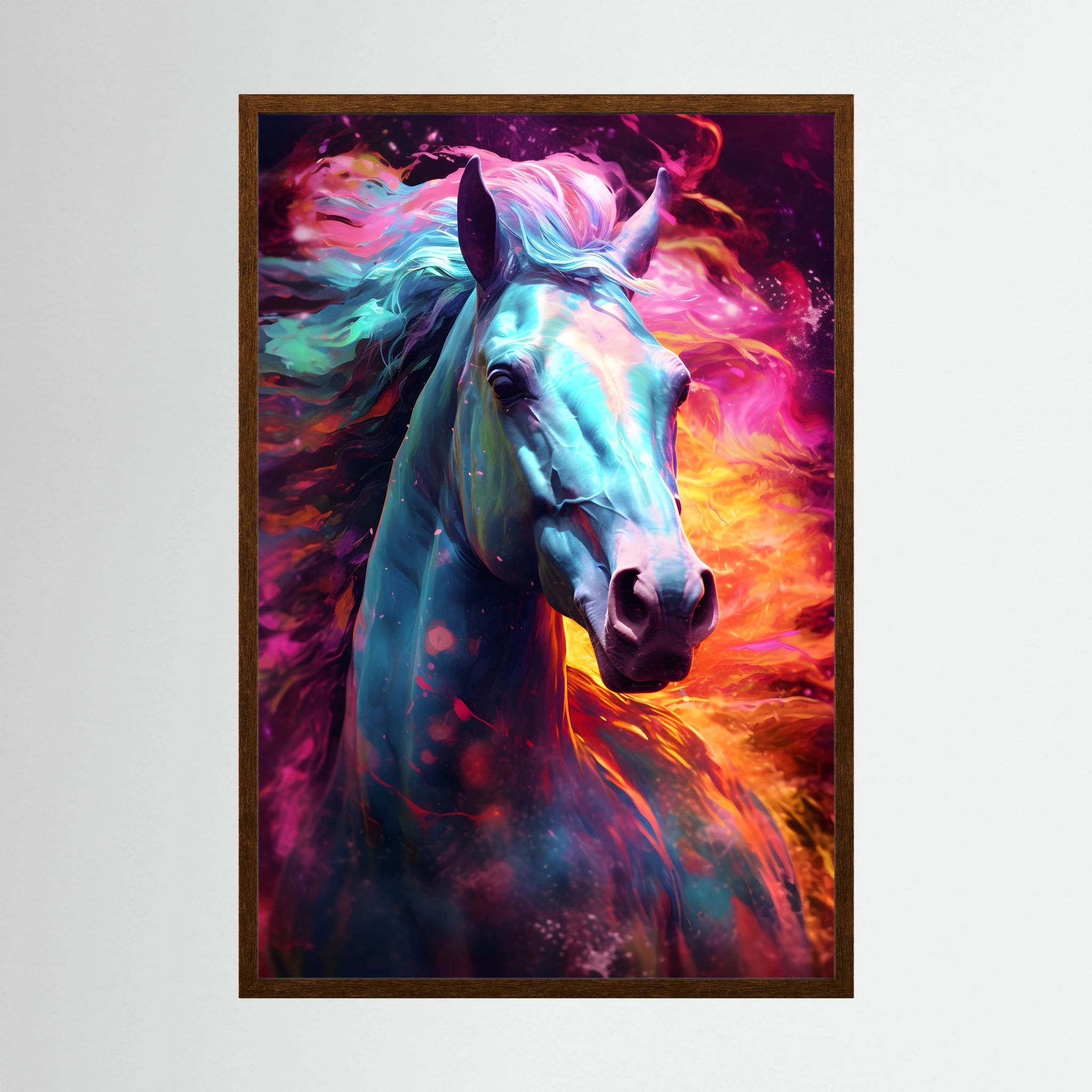 Colourful white horse portrait with blue, pink and orange painterly light.