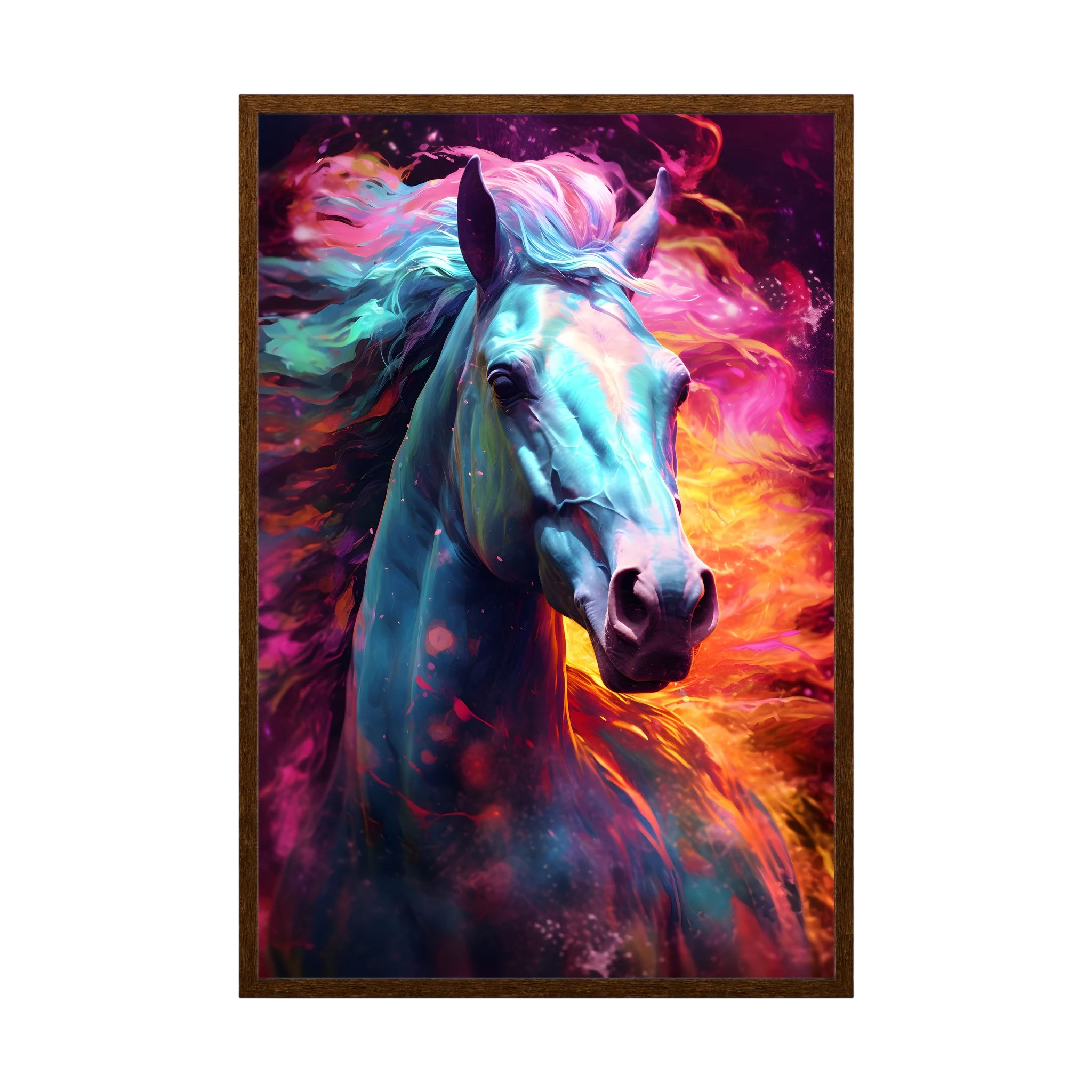 Colourful white horse portrait with blue, pink and orange painterly light.
