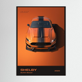 Front view of orange striped muscle car with Shelby Super Snake typography.