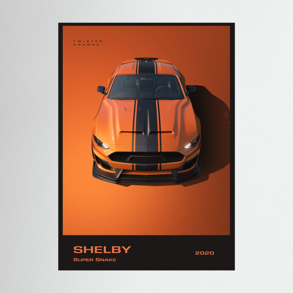 Front view of orange striped muscle car with Shelby Super Snake typography.