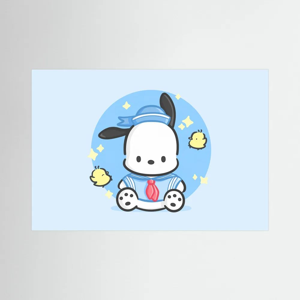 Cute white puppy in a blue sailor outfit sits among tiny yellow birds on a pale blue background.
