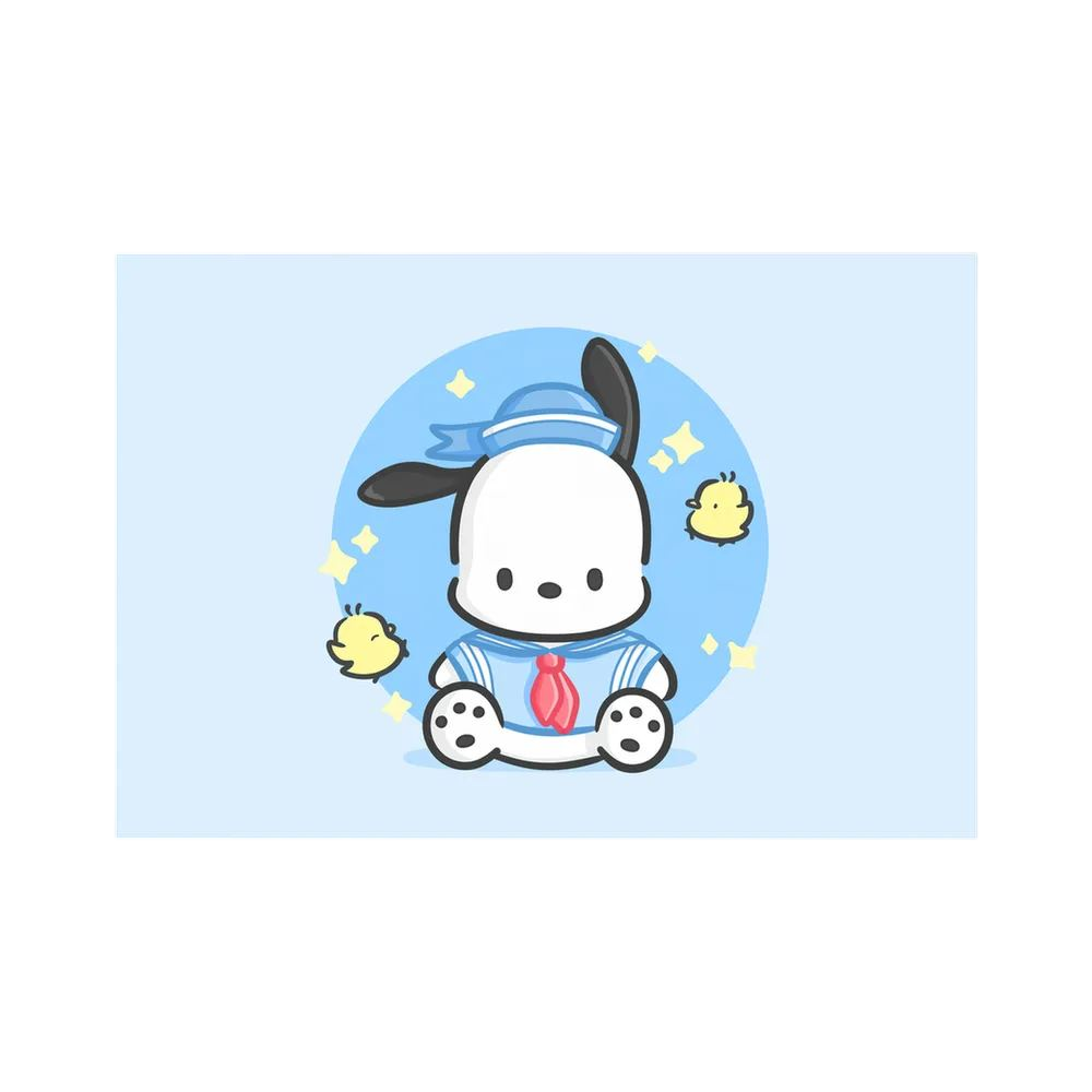 Cute white puppy in a blue sailor outfit sits among tiny yellow birds on a pale blue background.