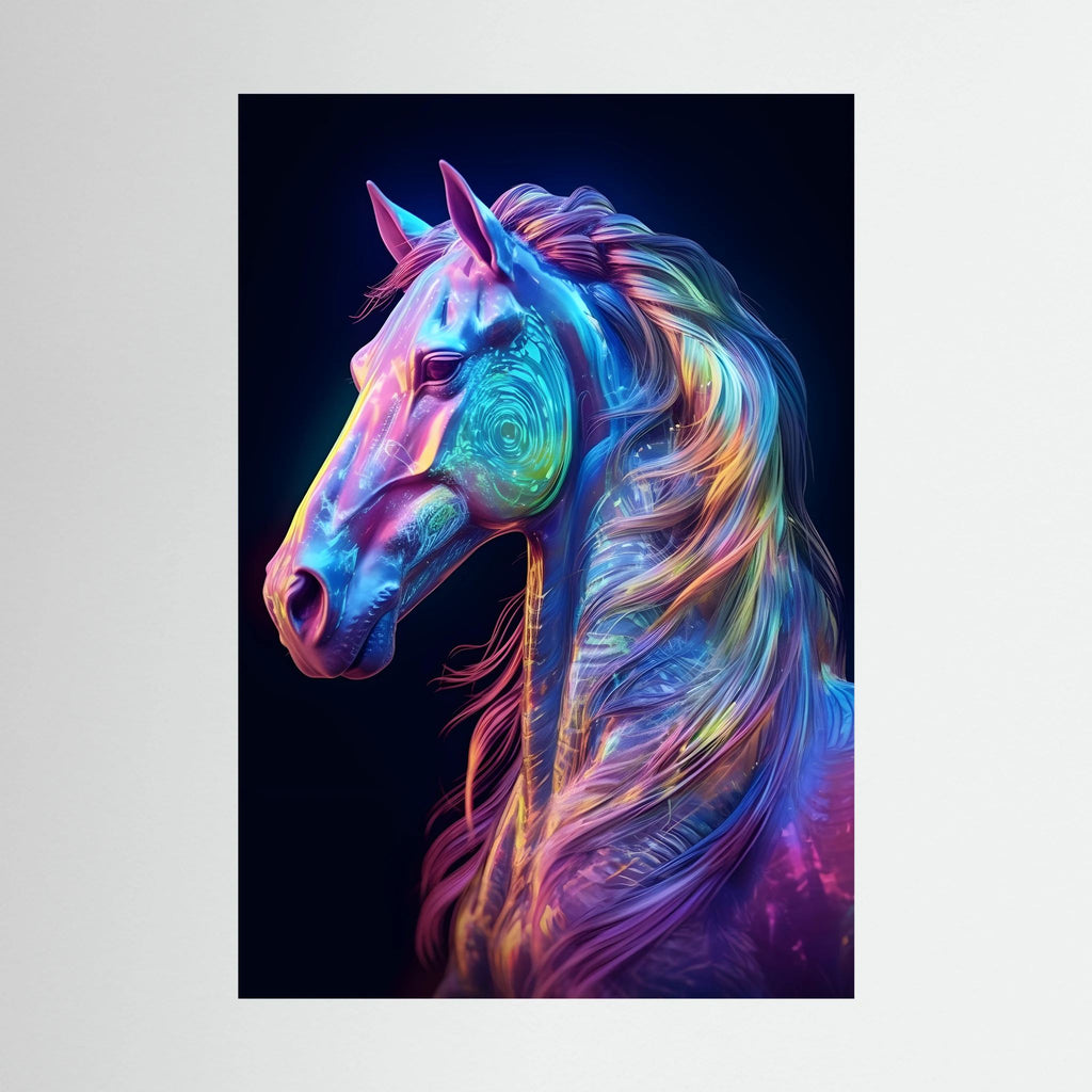 Neon blue, pink and violet horse portrait against a dark background.