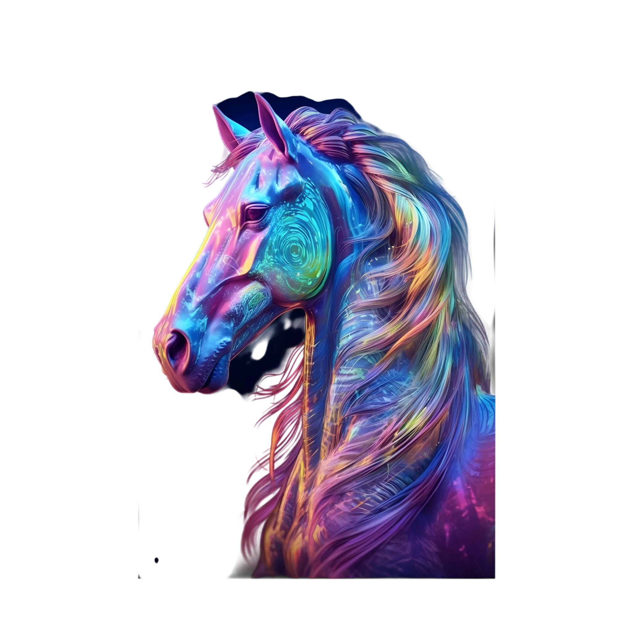 Neon blue, pink and violet horse portrait against a dark background.