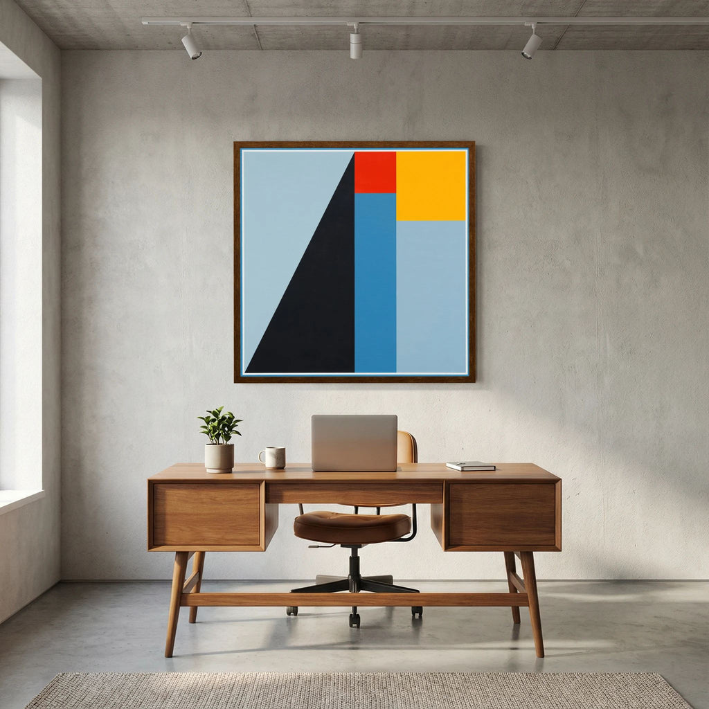 Pale blue, navy, yellow and red geometric planes form a strong ascending abstract composition, shown in product view 6.
