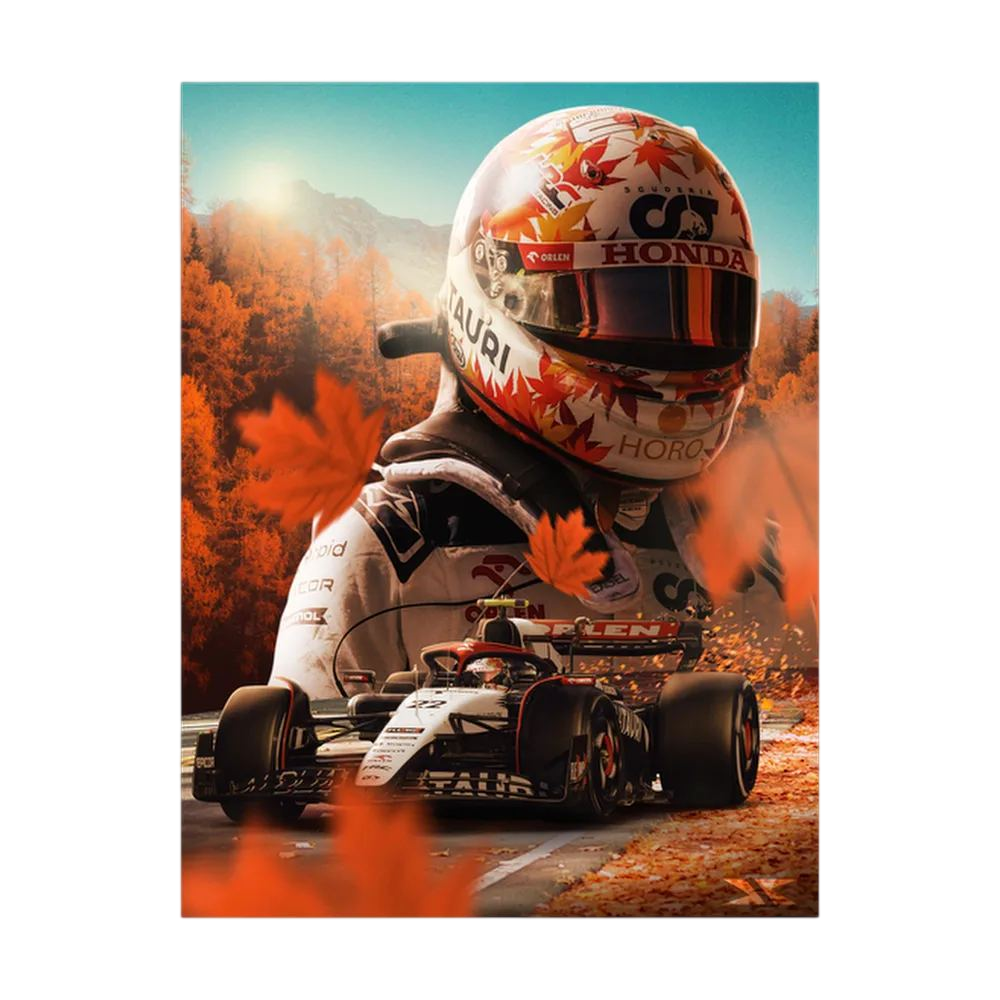 Helmeted Formula One driver and racing car surrounded by orange autumn colour.