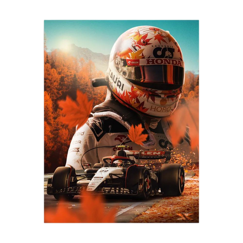 Helmeted Formula One driver and racing car surrounded by orange autumn colour.