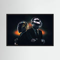 Two helmeted electronic music performers in black suits against a dark background.